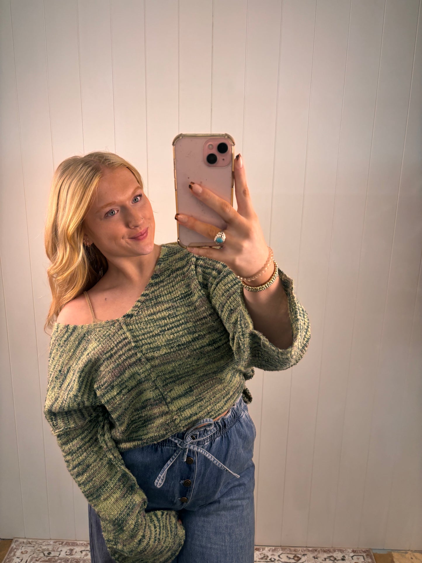 Multi Green Off Shoulder Sweater