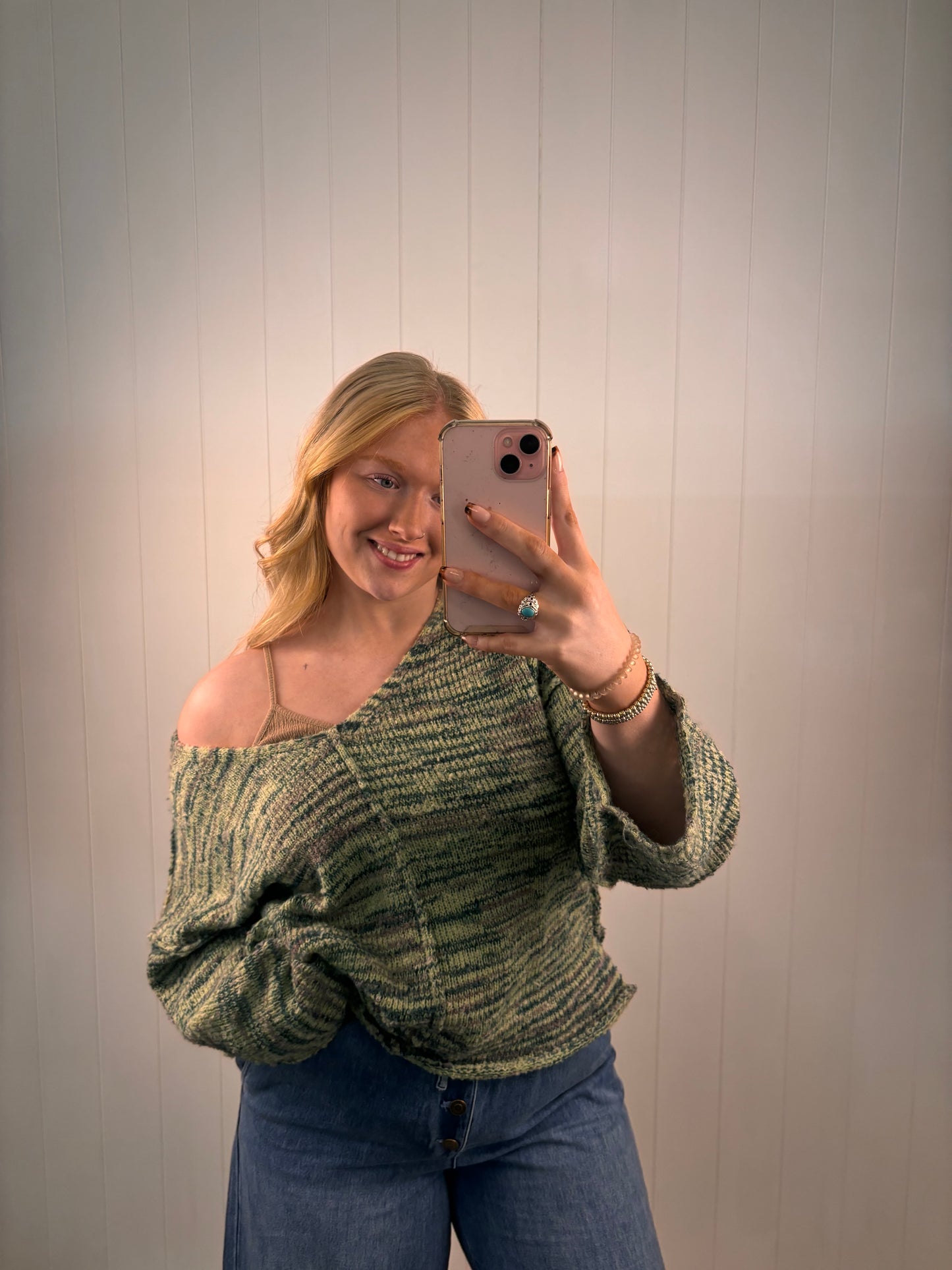 Multi Green Off Shoulder Sweater