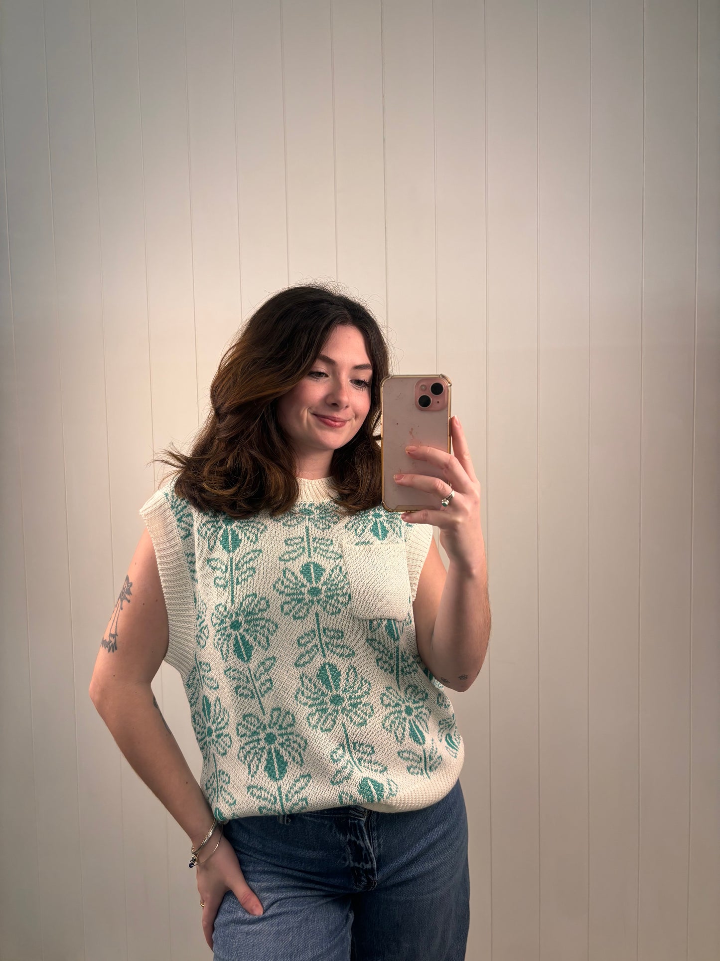 Turquoise Floral Sleeveless Sweater