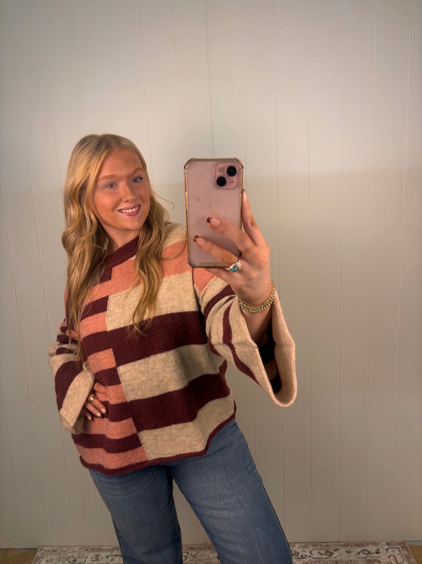 Pink & Maroon Striped Sweater